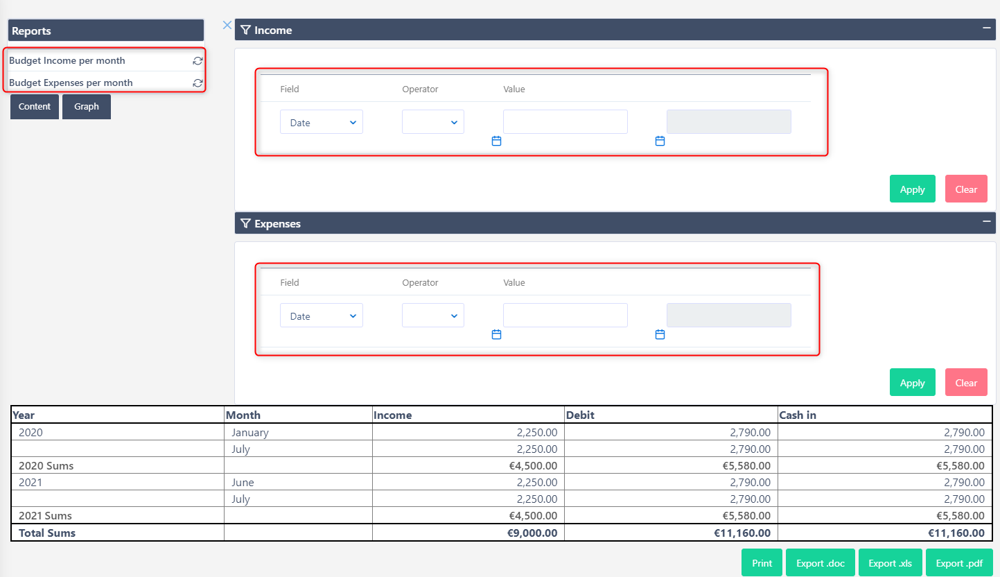 Cashflow reports | Comidor Platform