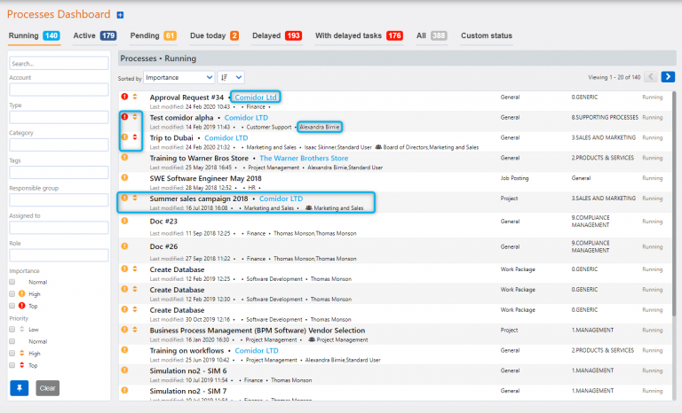 Processes Dashboard | Help Center | Comidor