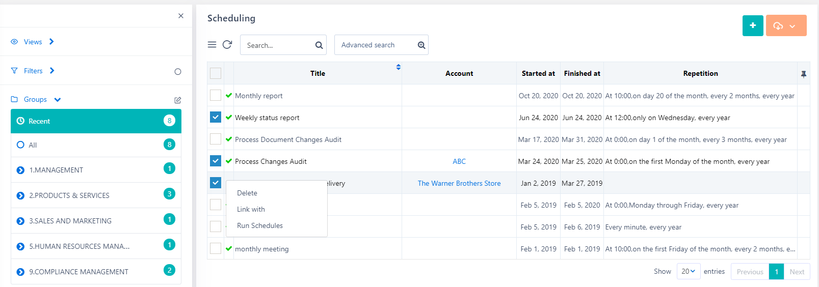 Scheduling actions | Comidor Platform