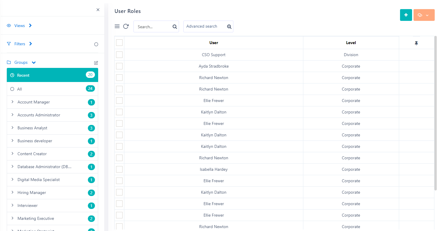 Rights per Role | Comidor Platform