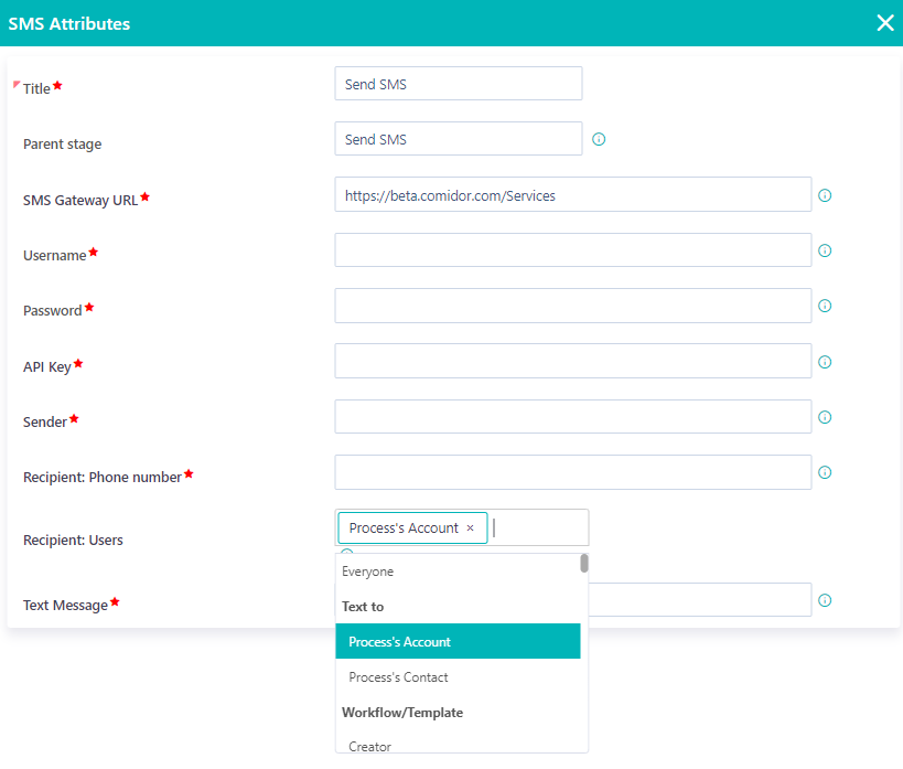 Workflow SMS component | Comidor Platform