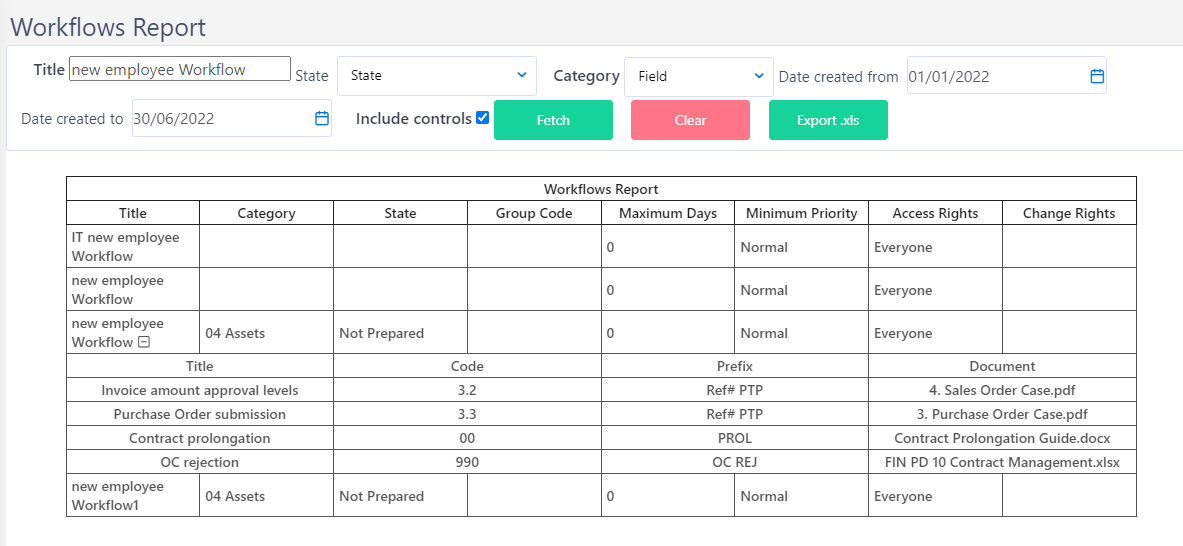 Workflows report with controls| Comidor Platform