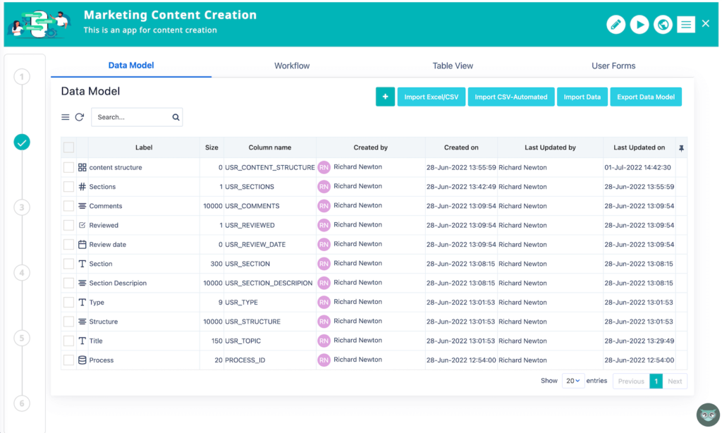 App designer - data model - workflow apps