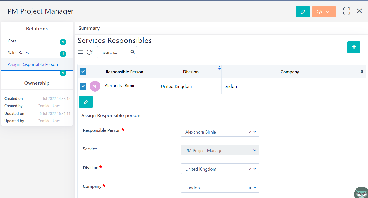 assign resp. person Products& Services V6.2 | Comidor Platform