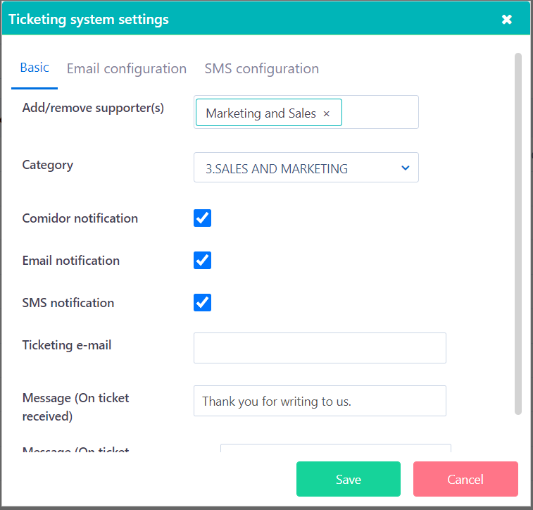 ticketing system settings V6.2 | Comidor Platform