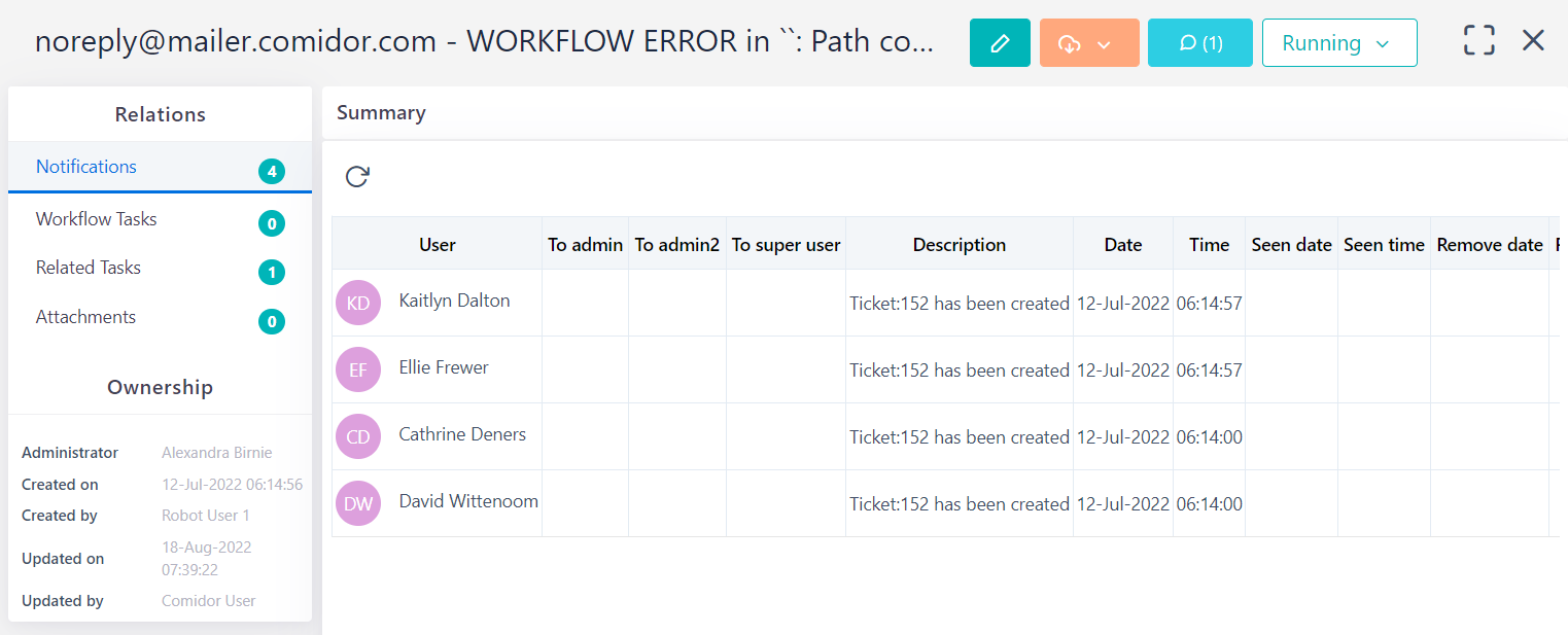 notifications tickets V6.2 | Comidor Platform