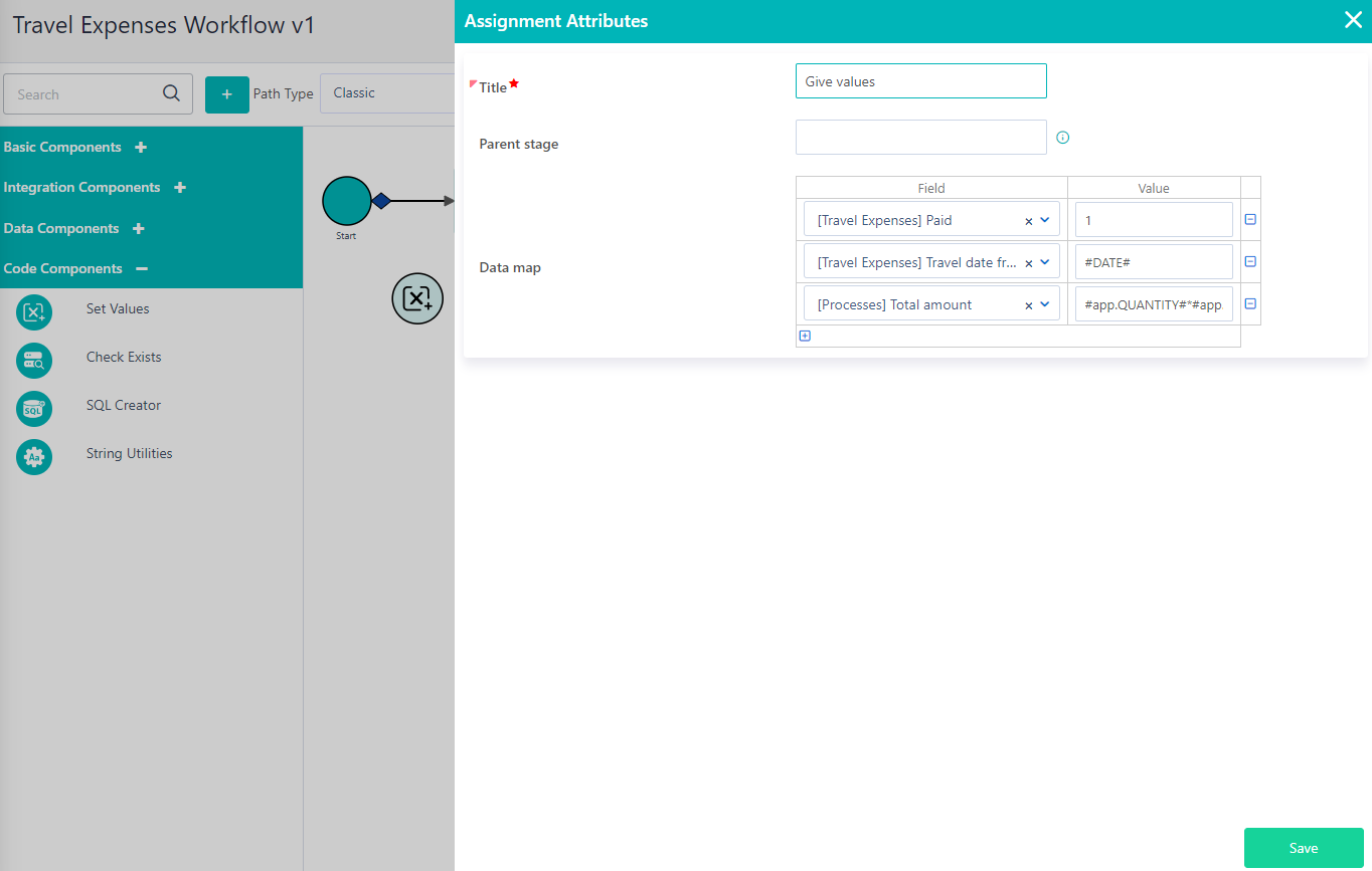 Workflow assign values component | Comidor Platform