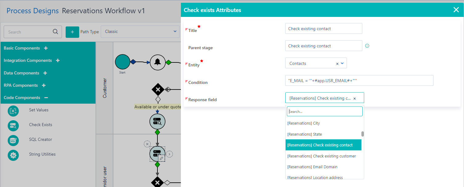 Workflow check exists component | Comidor Platform